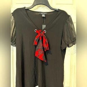 NWOT Adele & May Black Knit Top with Chiffon Short Sleeves Floral Tie